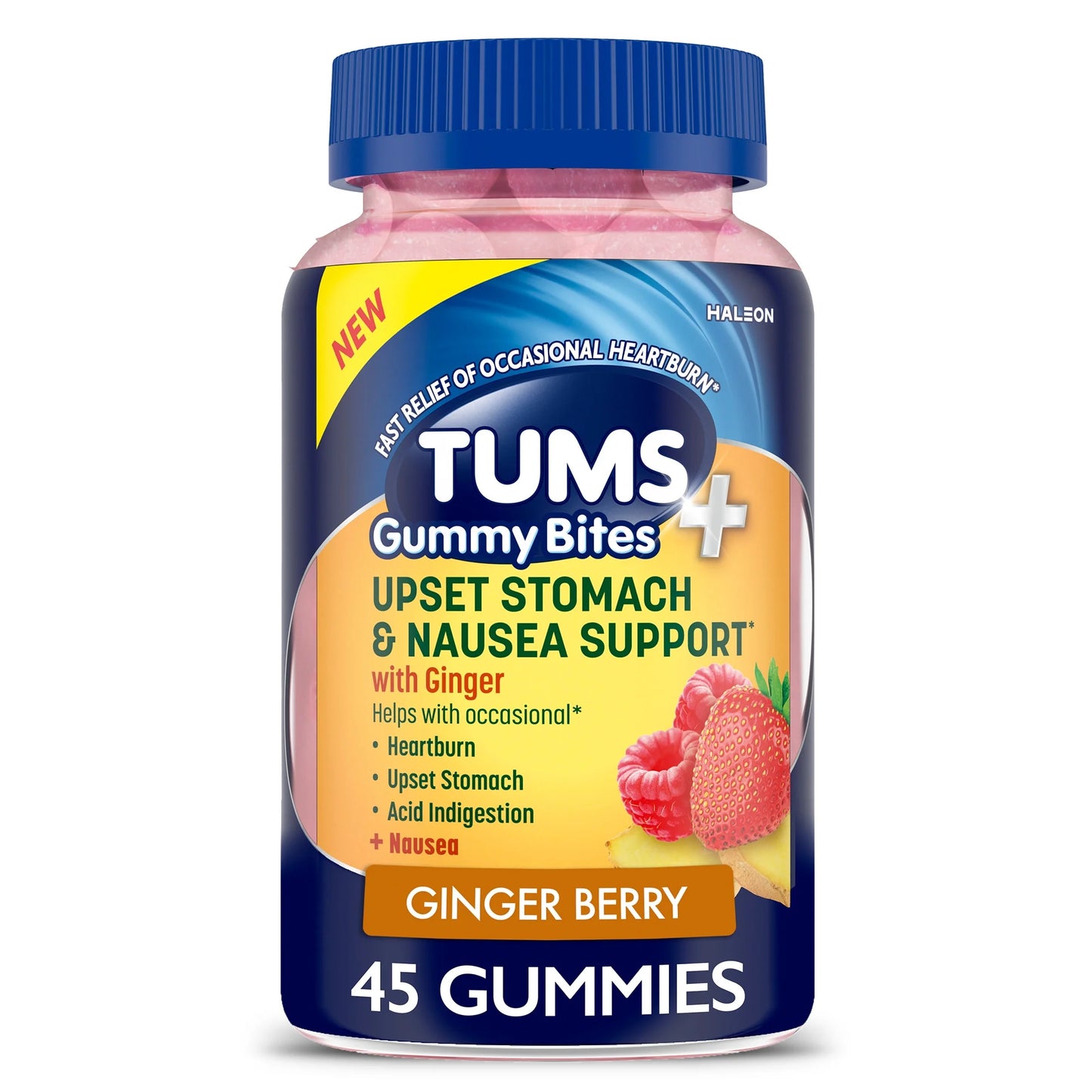 PREVENTA -  Tums+ Apoyo para el Malestar Estomacal y las Náuseas, Suplemento Dietético, Baya de Jengibre  45 Gomitas