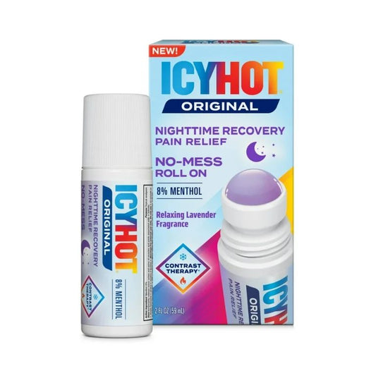 PREVENTA -  Icy Hot Recuperación Nocturna para Aliviar el Dolor sin Complicaciones con Aplicador Roll-On, 8% de Mentol para Alivio Específico con Aroma Relajante de Lavanda, 2 Oz.