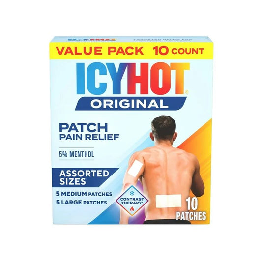 PREVENTA -  Icy Hot Originales Paquete Variado de Parches para Aliviar el Dolor con 5% de Mentol Refrescante para Aliviar el Dolor Muscular y Articular de Acción Rápida, 5 Parches de Tela Cómodos Medianos y 5 Grandes, 10 U.