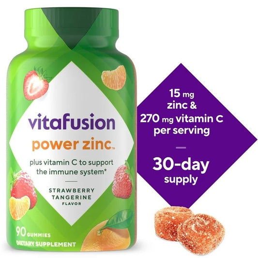 PREVENTA - vitafusion Power Zinc Vitaminas Gomosas, Apoyo Inmunológico con Sabor a Fresa y Mandarina (1), 90 Unidades