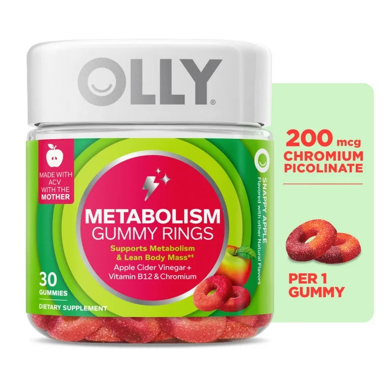 PREVENTA - OLLY Anillos de Goma Metabolismo Vinagre de Sidra de Manzana, Cromo, Soporte Metabolismo para Adultos, Manzana, 30 Gomitas