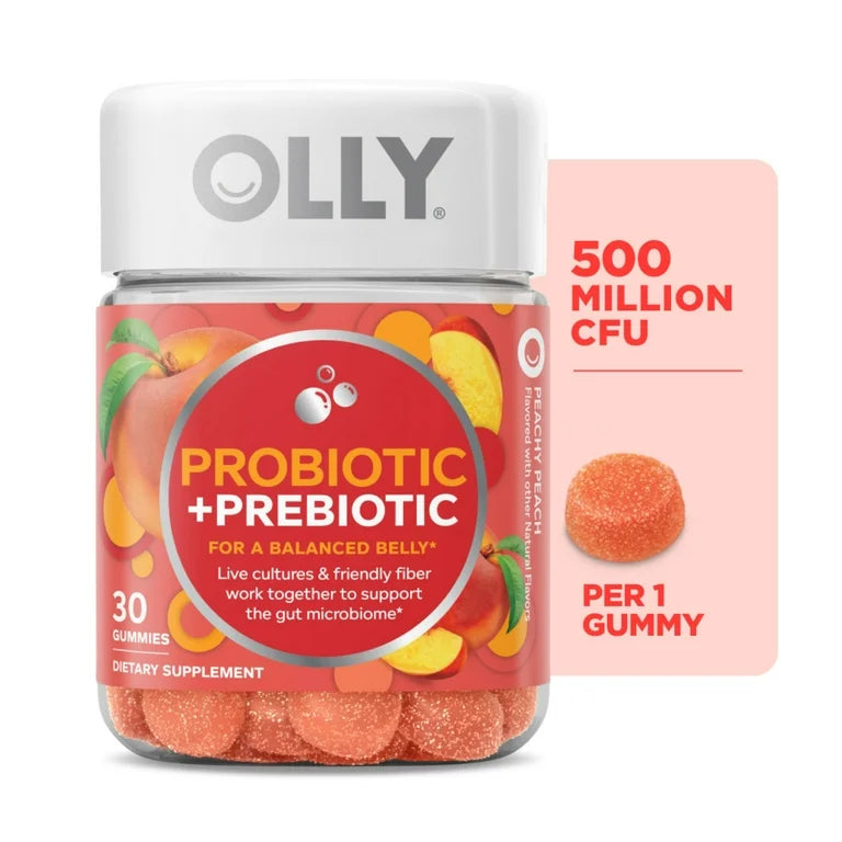 PREVENTA - OLLY Probiótico + Gomita de Fibra Prebiótica, Suplemento Digestivo + Salud Intestinal para Adultos, Melocotón, 30 Uds